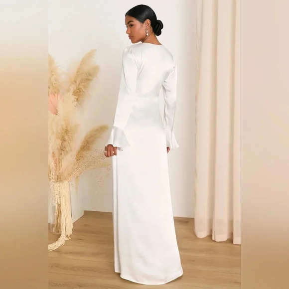 Lulus Elegant Celebration White Satin Long Sleeve Slip Maxi Dress XL Wedding - Picture 5 of 12